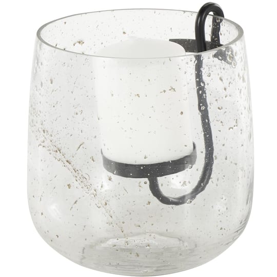 7.75" Clear Glass Candle Holder with Black Metal Accents & Brown Speckles